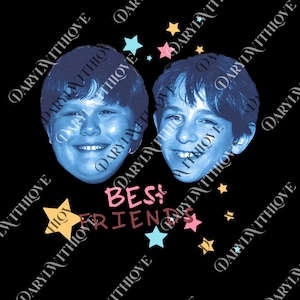 May include: A black background with two blue-toned portraits of smiling individuals. The words "BEST FRIENDS" are written in pink and brown, with colorful stars scattered around the portraits. The image has a friendly and sentimental theme.