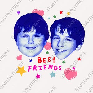 May include: A digital illustration featuring two smiling faces in blue tones, with the words "BEST FRIENDS" in red and pink. The design includes hearts and stars in various colors, creating a cheerful and friendly theme.