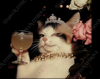 May include: A calico cat wearing a jeweled tiara and a pearl necklace, holding a stemmed glass with a golden liquid. The cat is set against a dark background with a pink rose and bokeh lights.