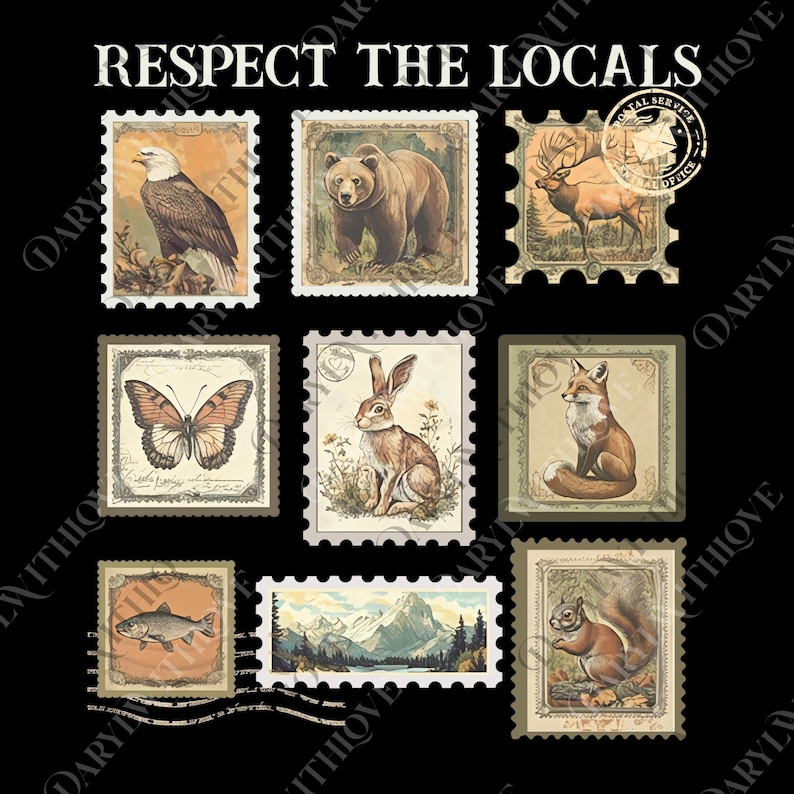 The image is a collage of various postage stamps featuring different animals, including a bear, eagle, deer, rabbit, butterfly, and squirrel.