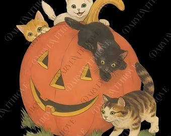 Vintage 90s Cat Halloween png, Retro Cute Cats Fall Vibes Digital, Vintage Jack-o-lantern Graphic png