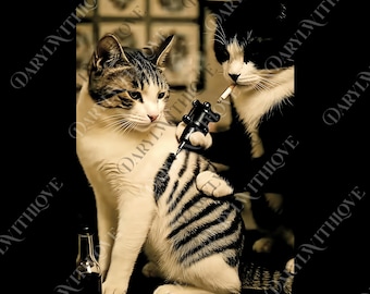 May include: A sepia-toned image depicts two cats in a tattoo parlor setting. One cat is receiving a tattoo on its side, while the other cat, smoking a cigarette, appears to be the tattoo artist. A bottle of ink sits nearby.