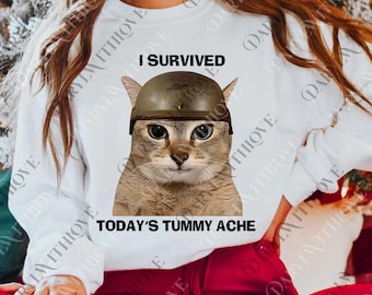 I Survived Today's Tummy Ache png, Funny Cat png, Vintage Cat png, Meme Digital, Trendy png, Tummy Ache Survivor png