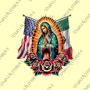 May include: A religious illustration featuring the Virgin Mary with hands clasped in prayer, surrounded by a radiant halo. The image includes the American and Mexican flags, and a cluster of red roses at the bottom.