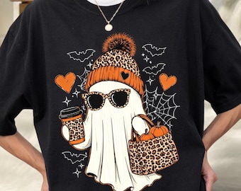 Leopard Ghost Halloween PNG, Cute Spooky Season Digital Download, Autumn Coffee Lover Clipart
