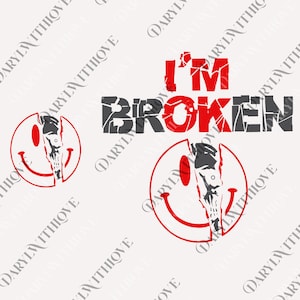 Może przedstawiać: Grafika z tekstem "I'M BROKEN" w kolorze czerwonym i szarym, z efektem pęknięcia. Poniżej, czerwona buźka jest przecięta szarym wzorem czaszki. Wzór jest powtórzony.