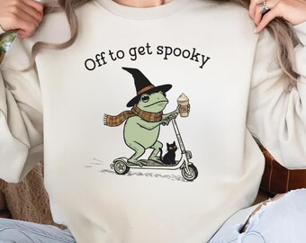 Off to get spooky Frog PNG, Halloween Gothic Digital Download, Witchy Scooter Clipart