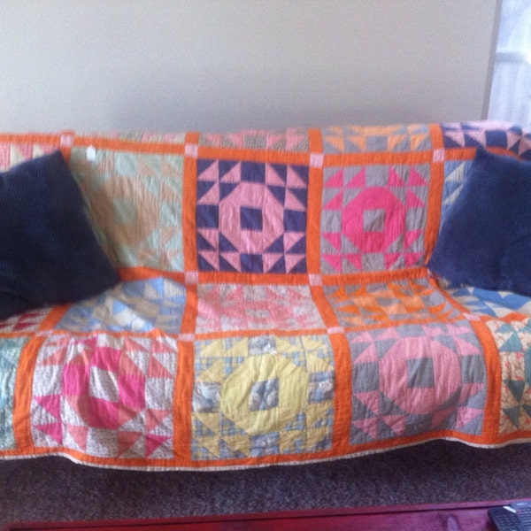 RESERVED Vintage Bright and Bold Cheerful Orange Quilt 1940s shabby chic