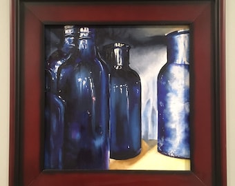 Number 3 in The Antique Store series oil on canvas board framed blue bottles