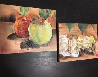 Set of two original apple paintings 8x10