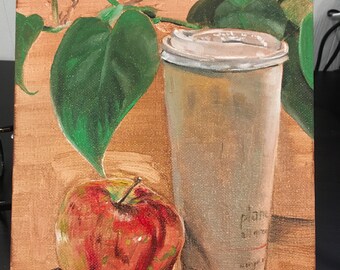 Original still life of Coffee and an Apple oil on canvas board 8x10