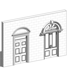 May include: A black and white architectural line drawing of a brick wall featuring two distinct door designs. The left door has six panels and a semi-circular fanlight, while the right door is taller with glass panes and a decorative arched transom.