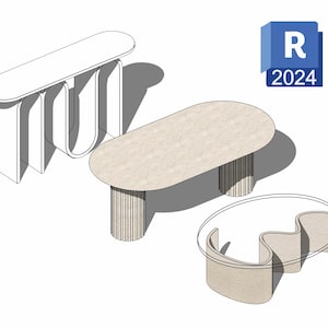 May include: Three table designs are displayed: a white line-art console table with U-shaped legs, a beige oval table with two fluted cylindrical legs, and a beige oval table with a wavy, textured base. A blue R 2024 logo is in the corner.