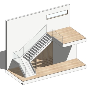 May include: Isometric architectural rendering of a modern staircase with glass railings. The stairs are white with wooden steps, leading to a landing. A window is visible above the stairs. The design includes a built-in closet.