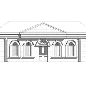 May include: A black and white architectural line drawing of a building facade featuring a central double door with a fanlight, four arched windows, and four fluted columns with decorative capitals supporting a triangular pediment.