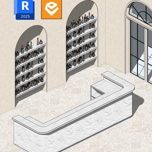 May include: An isometric architectural rendering of a room featuring a white L-shaped service counter, two arched wall niches with multiple shelves holding various small bottles, and a large window. The text R 2025 is visible in the top left corner.