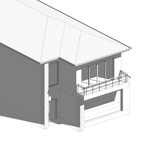 May include: Isometric architectural rendering of a two-story house with a sloped roof. The house features a balcony with a metal railing, large windows, and a garage door. The exterior walls have stone accents and a door.