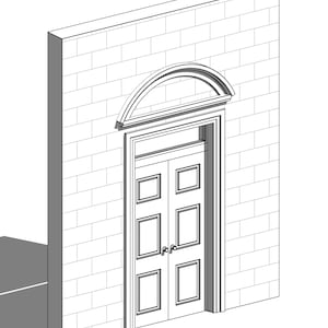 May include: A white architectural line drawing of a double door set into a brick wall. The doors feature three rectangular panels each, with round knobs. Above the door frame is a rectangular transom window topped by a semi-circular fanlight.