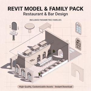 May include: A Revit model and family pack for restaurant and bar design featuring isometric architectural drawings. The image displays a floor plan layout with tables, chairs, a bar, arched windows, and shelving units, labeled with the text REVIT MODEL & FAMILY PACK.