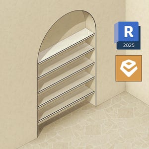 May include: An arched wall niche featuring five horizontal shelves set into a light beige wall. The structure has a smooth, clean finish. To the right, two square icons are visible: a blue one with the letter R and 2025, and an orange one with a white logo.