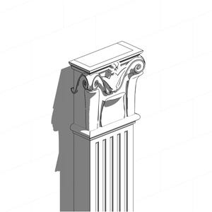 May include: A white architectural column featuring a rectangular capital with decorative scroll-like volutes and a central floral motif. The shaft of the column is characterised by vertical fluting, creating a structured and linear appearance.