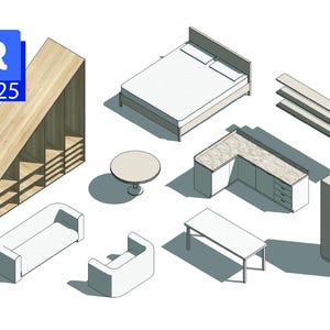 May include: An isometric digital collection of furniture including a light wood slanted shelving unit with the text R 2025, a bed with white bedding, a round table, a sofa, an armchair, a rectangular table, a kitchen counter, shelves, and a cabinet.