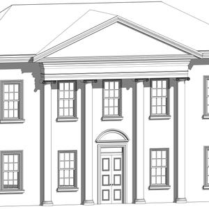 May include: A digital architectural line drawing of a two-storey building featuring a central pediment supported by four columns, a double door entrance with a fanlight, and symmetrical windows with grid panes on both levels.