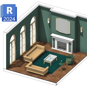 May include: An isometric 3D architectural rendering of a living room with dark green walls, herringbone wood flooring, two beige sofas, a glass coffee table, a green armchair, a fireplace with a mirror above, and a blue R 2024 logo in the corner.