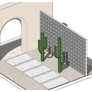 May include: An isometric architectural rendering featuring a beige wall with an arched opening, a white patterned breeze block wall, four rectangular white stone pavers set in light-coloured gravel, and two green saguaro cacti standing upright.