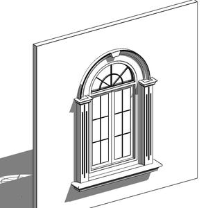 Könnte beinhalten: Schwarz-weiße architektonische Illustration eines Fensters in einer Wand. Das Fenster hat einen halbkreisförmigen oberen Teil mit einem Gittermuster, dekorativen Säulen und einer Fensterbank. Der Stil erinnert an klassische Architektur.