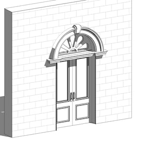 May include: Architectural illustration of a doorway with a semi-circular top and double doors. The design features a decorative arch and is set into a brick wall. The style is a detailed line drawing.