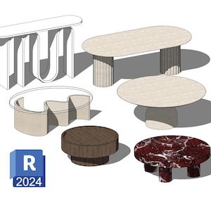 May include: A collection of six tables including a white console with a wavy base, an oval table with fluted legs, a glass-topped wavy table, a round pedestal table, a dark wood coffee table, and a red marble table with cylindrical legs. R 2024.