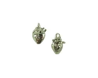 Tiny 3D Anatomical Human Heart Charms - Rhodium Plated - (4X) (K655-B)