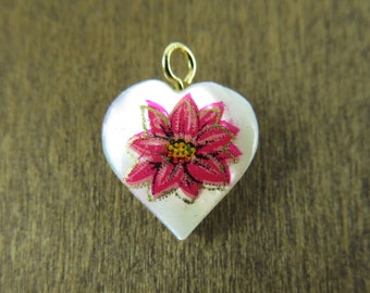 Vintage Mother of Pearl Heart Charms with Pink Flower Decal (4X) (NS539)