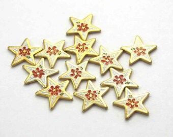 Tiny Vintage Enamel Red / Orange And White Flower Star Findings (24X) (E539-A)