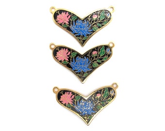 Vintage Pink and Blue Flowers on Black Cloisonne Enamel Heart Pendants (2X) (E576)