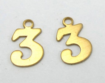 Raw Brass Number 3 Charms (10X) (A530)