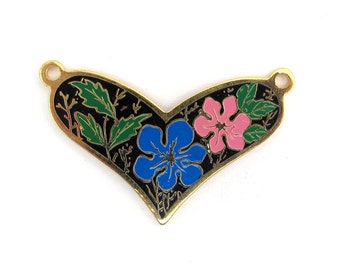 Vintage Pink and Blue Hibiscus Flowers on Black Cloisonne Enamel Heart Pendants (2X) (E574)