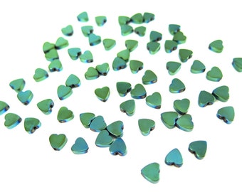 Small Mermaid Green Electroplated Hematite Heart Beads - (30x) (NS573)