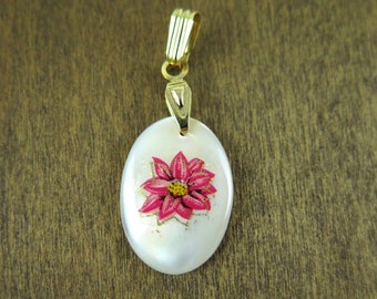 Vintage Gold Plated Mother Of Pearl Oval Charms with Pink Flower Decal (4X) (NS515)