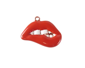 Rose Gold Plated Enamel Red Biting Lips Pendant (1x) (K325-D)