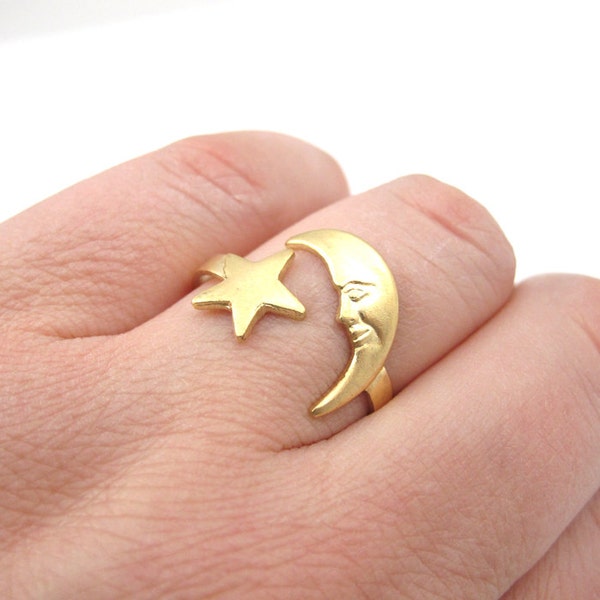 Raw Brass Moon Face and Star Adjustable Rings (J605)