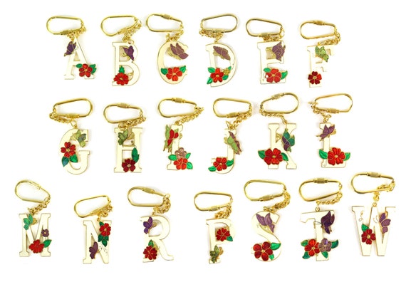 Vintage Initial Letter Enamel Flower Key Chain - … - image 1