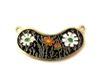 Vintage Orange and White Flowers on Black Cloisonne Enamel Pendants (4X) (E513-D)