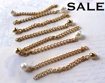 Vintage Gold Plated Curb Chain Charms with Plastic Faux Pearl And Metal Beads - Chain Extender (16X) (V433) SALE - 25% off