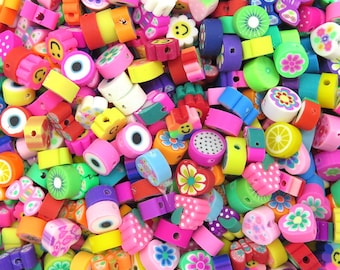 Random Mix of Polymer Clay Beads – Flowers ~ Fruit ~ Smiley Face ~ Evil Eye ~ Butterfly and More! (16x) (K116)