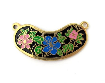 Vintage Blue and Pink Hibiscus Flowers on Black Cloisonne Enamel Pendants (4X) (E513-C)