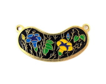 Vintage Yellow and Blue Flowers on Black Cloisonne Enamel Pendants (4X) (E513-E)