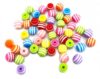 6mm Plastic Resin Rainbow Striped Round Beads (50x) (K139)