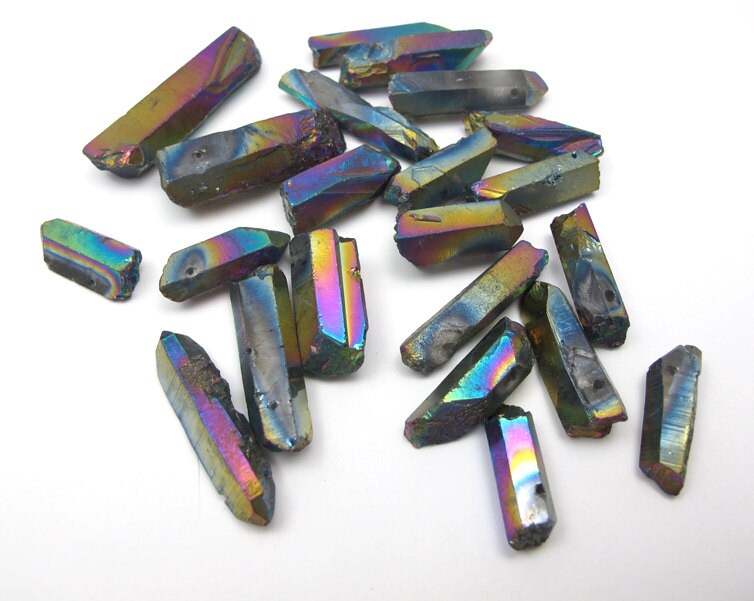 BEADIA Rainbow Titanium Coated Crystal Quartz Spike Point Stick Beads Rough  0.6-0.8 for Jewelry Making 15 Inch/Strand